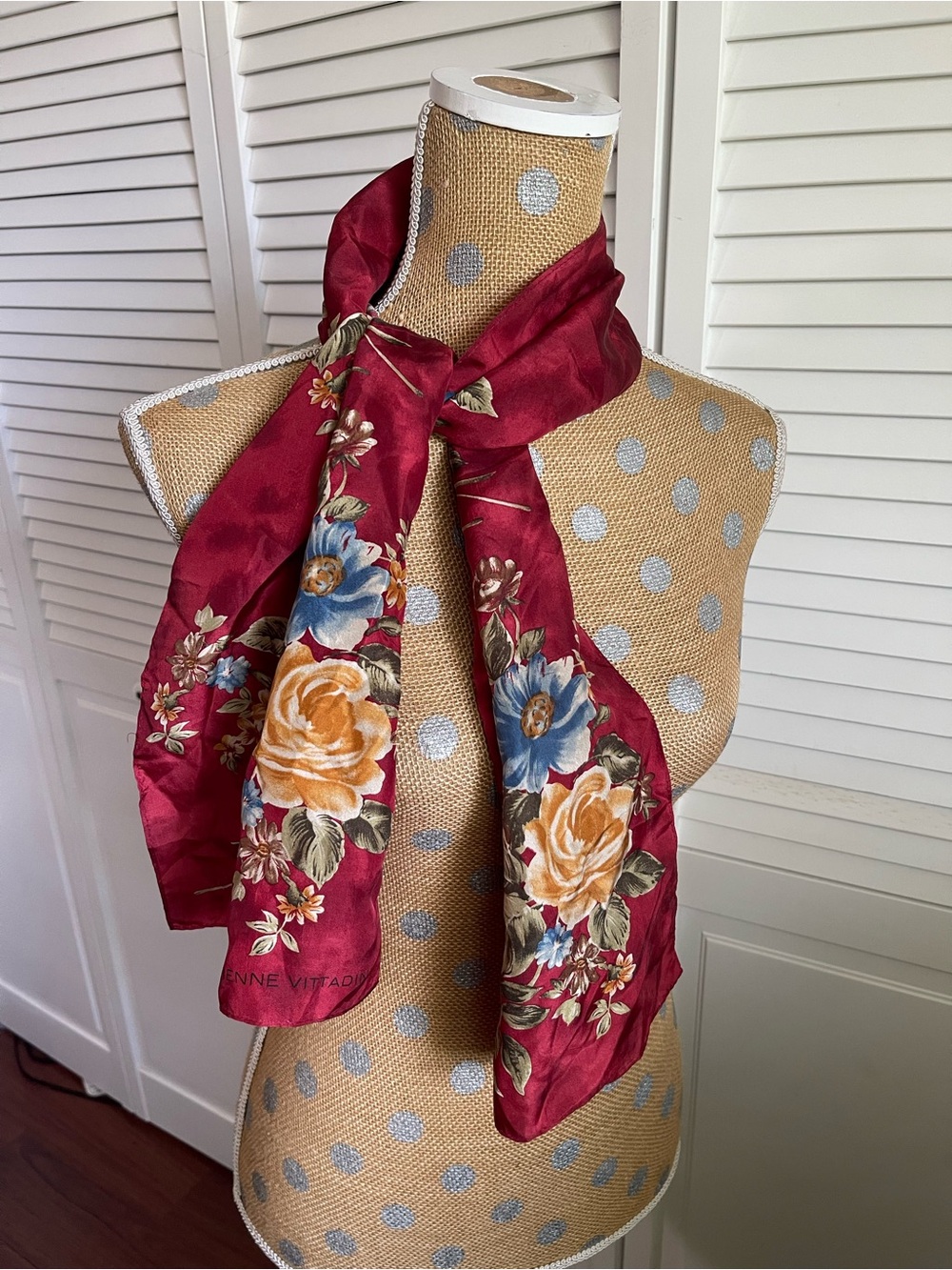Vintage Adrienne Vittadini floral print silk scarf red yellow beautiful